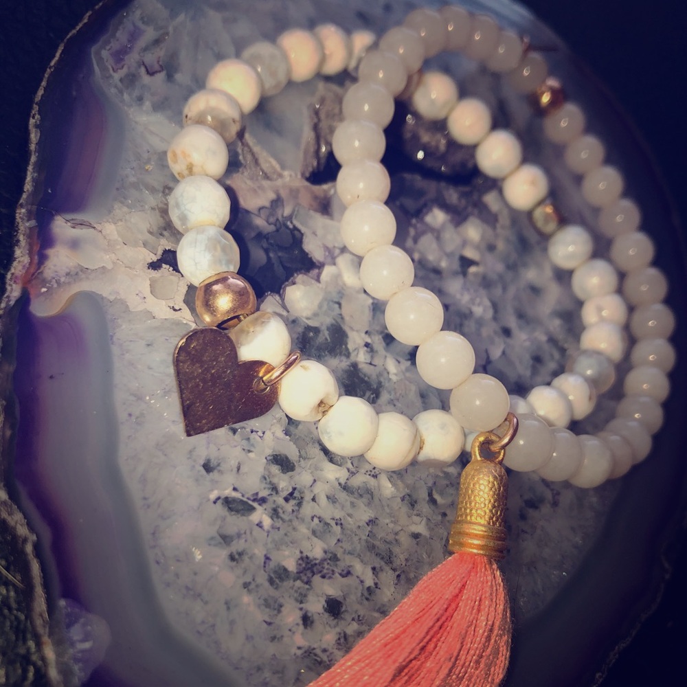 Pink Tassle, Hearts, Beaded Stack Bracelets